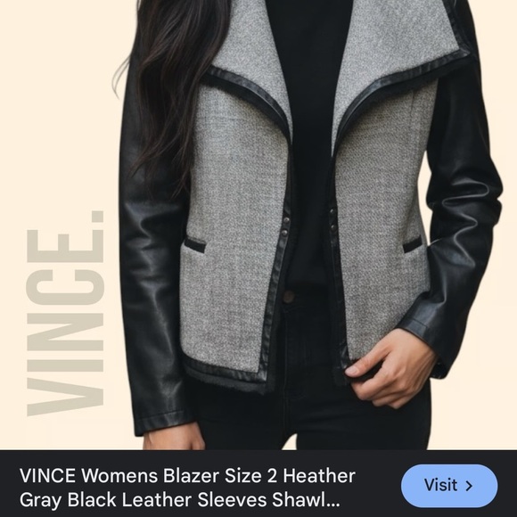 Vince Black& Gray Women's Boucle Moto jacket with leather sleeves, shawl collar. - Picture 9 of 9